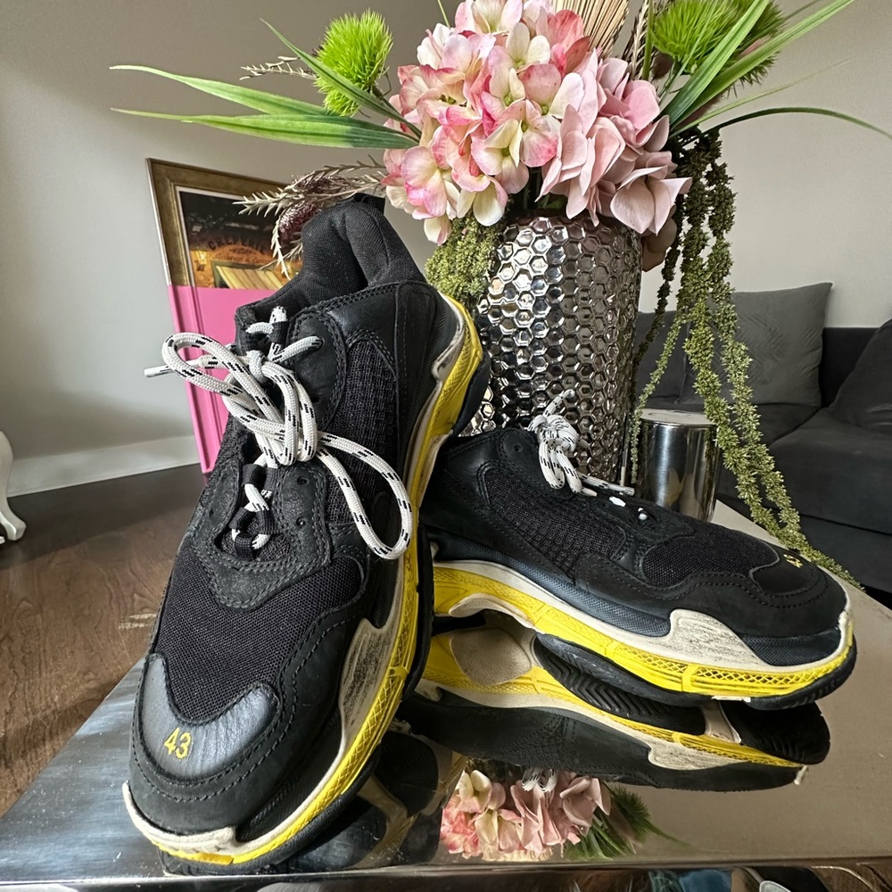 BALENCIAGA, Fabric Mesh Mens Triple S Sneakers 40 Black Yellow - Picture 2 of 9